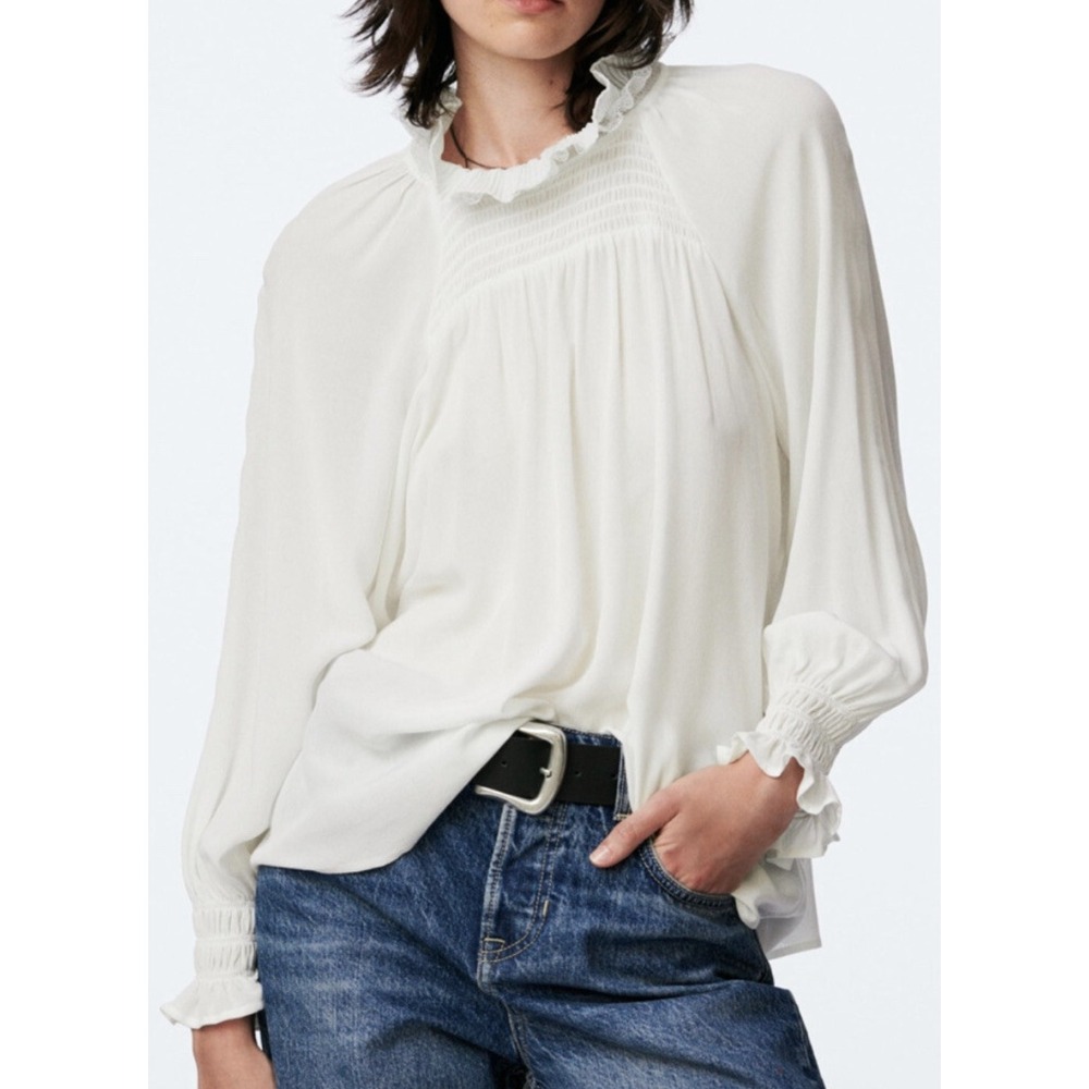 Zara White Smocked Neck Long Sleeve Blouse Cottagecore Coquette Size XS